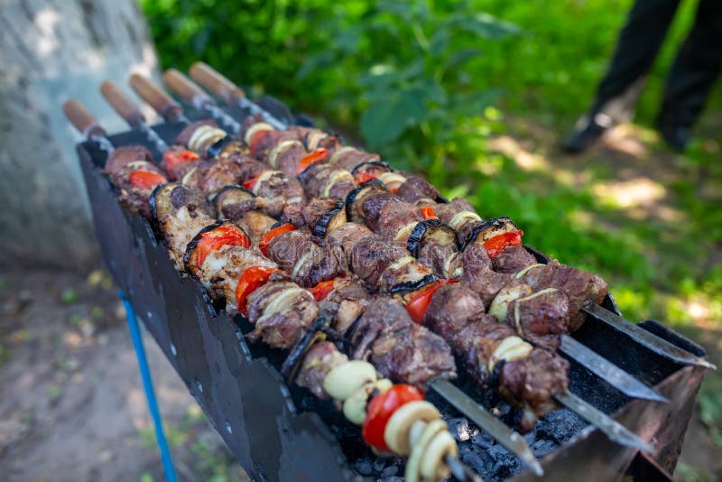 Shashlik or shashlyk (meaning skewered meat) was originally made of lamb,  Stock Photo, Picture And Low Budget Royalty Free Image. Pic. ESY-063164676