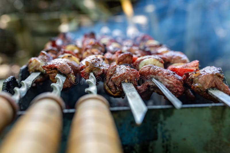 Shashlik or shashlyk (meaning skewered meat) was originally made of lamb.  Nowadays it is also made of pork or beef depending on local preferences and  Stock Photo - Alamy