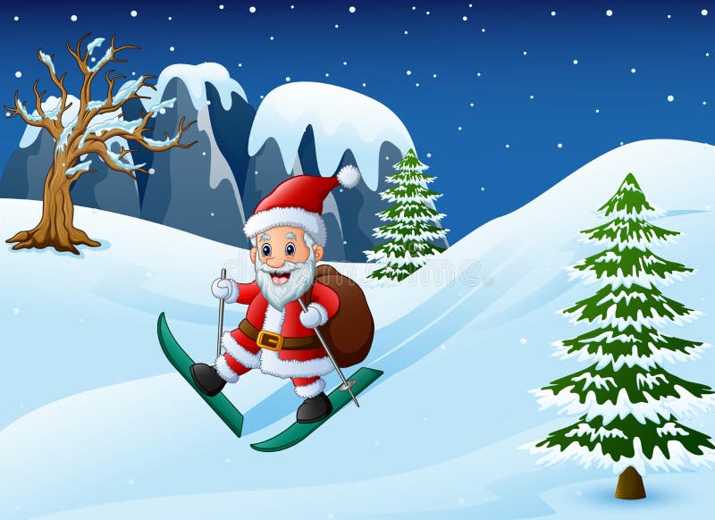 Ski du père noël de bande dessinée avec le sac de cadeaux sur la neige en descendant illustration stock Ski du père noël de bande dessinée avec le sac de cadeaux sur la neige en descendant illustration stock