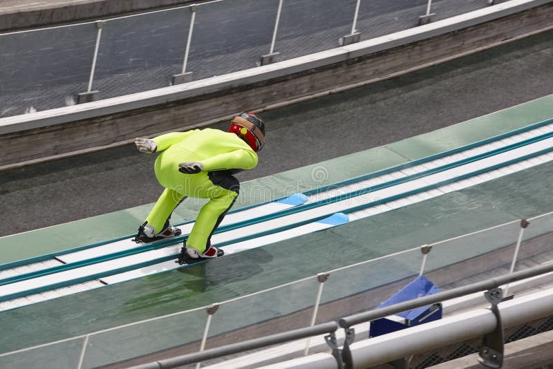 Ski jump. Artificial track. Winter sport. Norwegian summer.