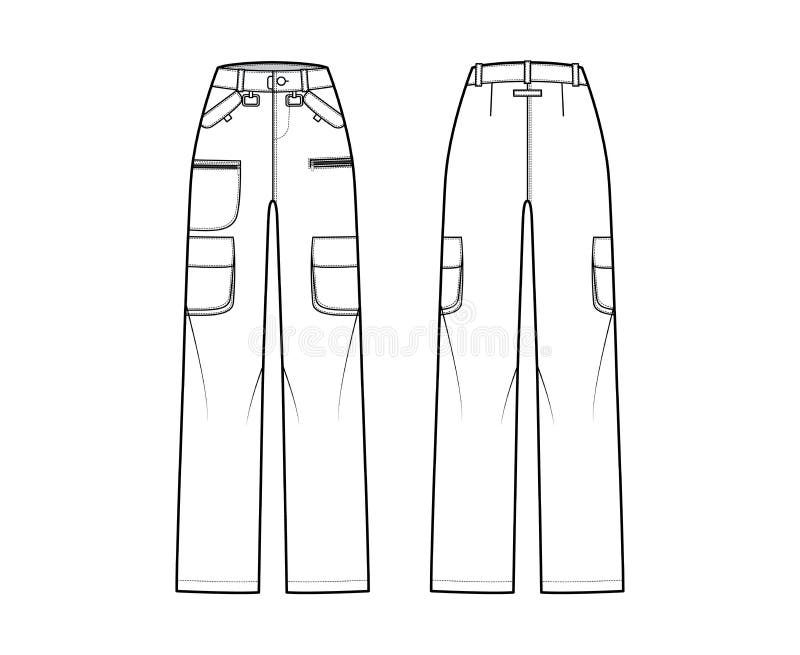 Set of Ski pants technical fashion illustration with normal low waist, high  rise, zipper patch pockets