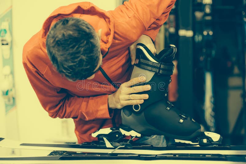 Ski Repair Shop Worker Adjust the Bindings Stock Photo Image of