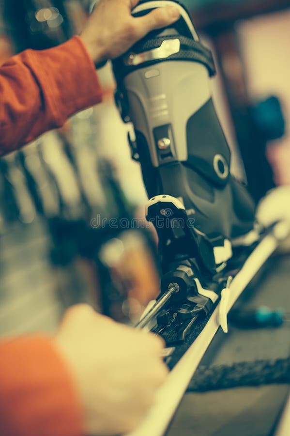 Ski Repair Shop Worker Adjust the Bindings Stock Image Image of check