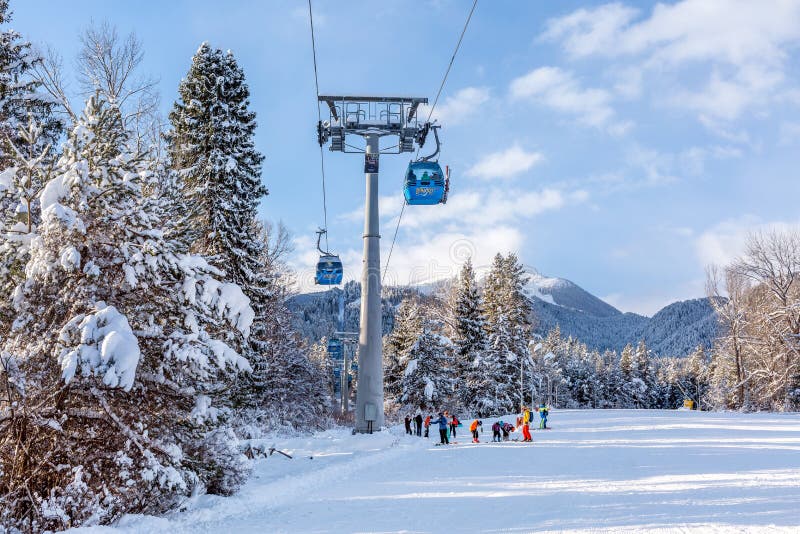 Ski resort Bansko, Bulgaria, cable car, ski road