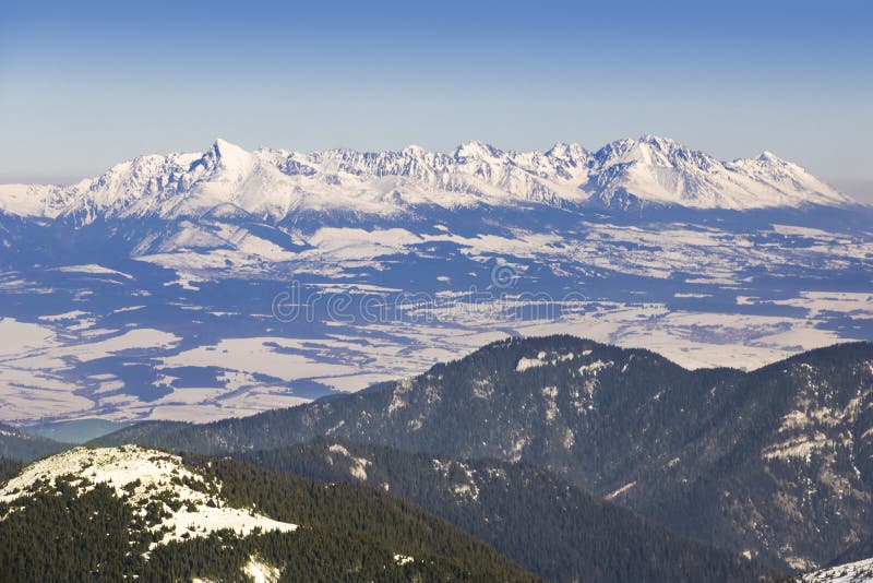 Ski resort in Slovakia. High mountain Tatras. Peak Chopok on sunny day.