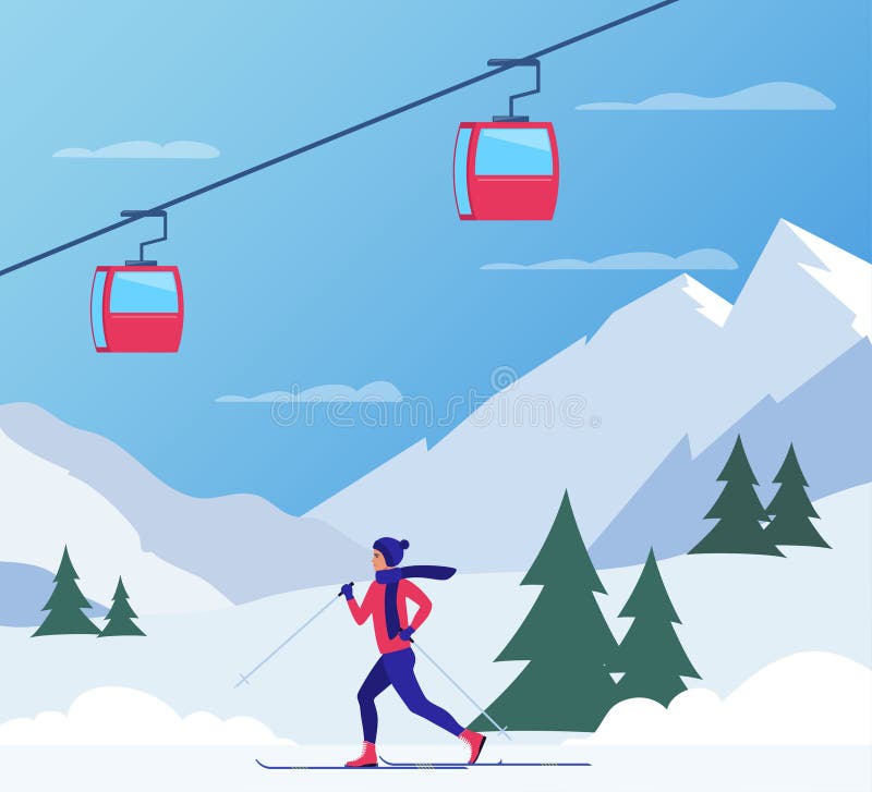 Ski Resort Snow Mountain Landscape, Skiers on Slopes, Ski Lifts. Winter ...