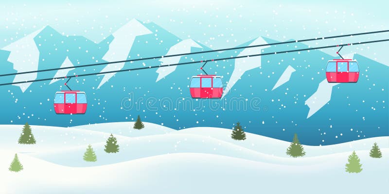 Ski resort vacation. Winter snowy landscape with ski resort, lift, cable car, green spruces and mountains. Winter royalty free illustration Ski resort vacation. Winter snowy landscape with ski resort, lift, cable car, green spruces and mountains. Winter royalty free illustration