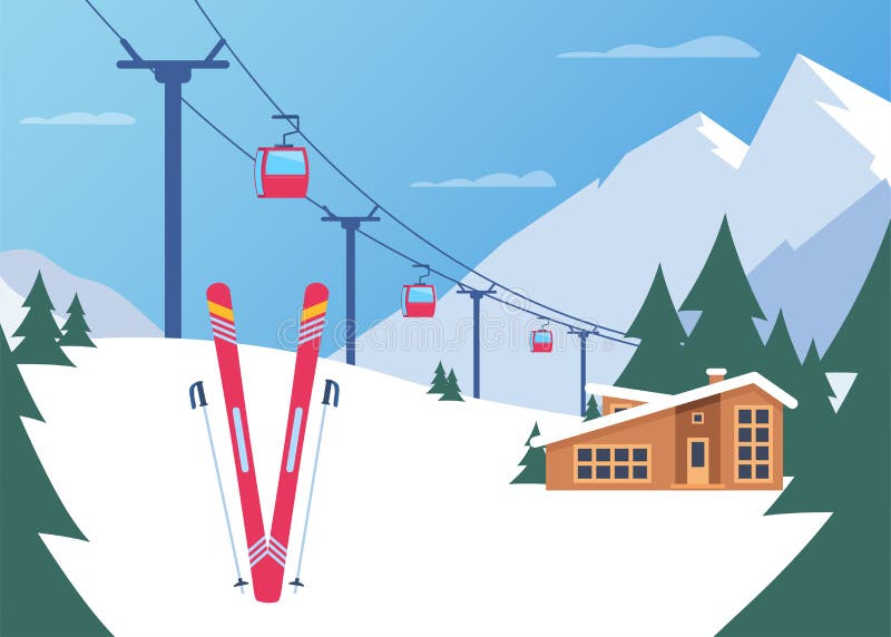 Ski Resort. Winter Mountain Landscape with Lodge, Ski Lift. Winter ...