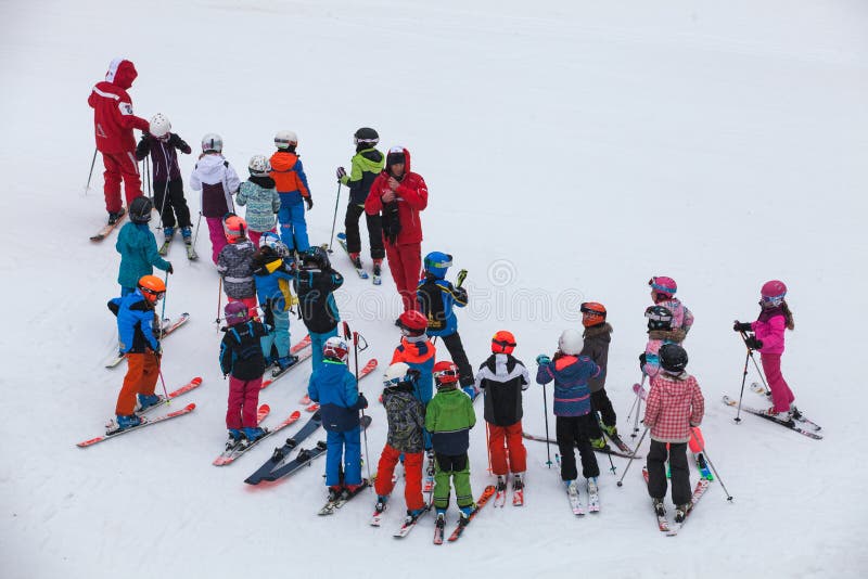 Ski school with numerous children in chamonix in France royalty free stock photo Ski school with numerous children in chamonix in France royalty free stock photo