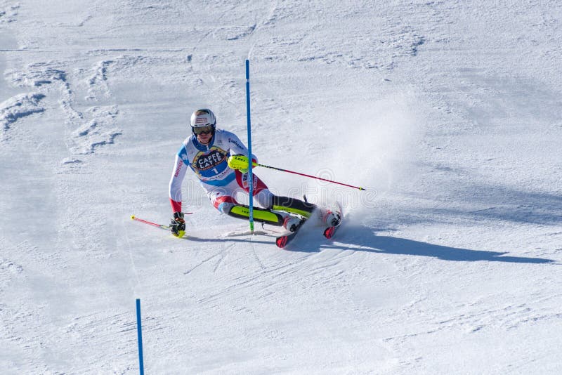 Ski-wereld-DEF. SLALOM - FIS Alpien Ski World Cup Finals 2018/2019 van MENÂ bij soldeu-Gr Scherper in Andorra royalty-vrije stock afbeeldingen Ski-wereld-DEF. SLALOM - FIS Alpien Ski World Cup Finals 2018/2019 van MENÂ bij soldeu-Gr Scherper in Andorra royalty-vrije stock afbeeldingen