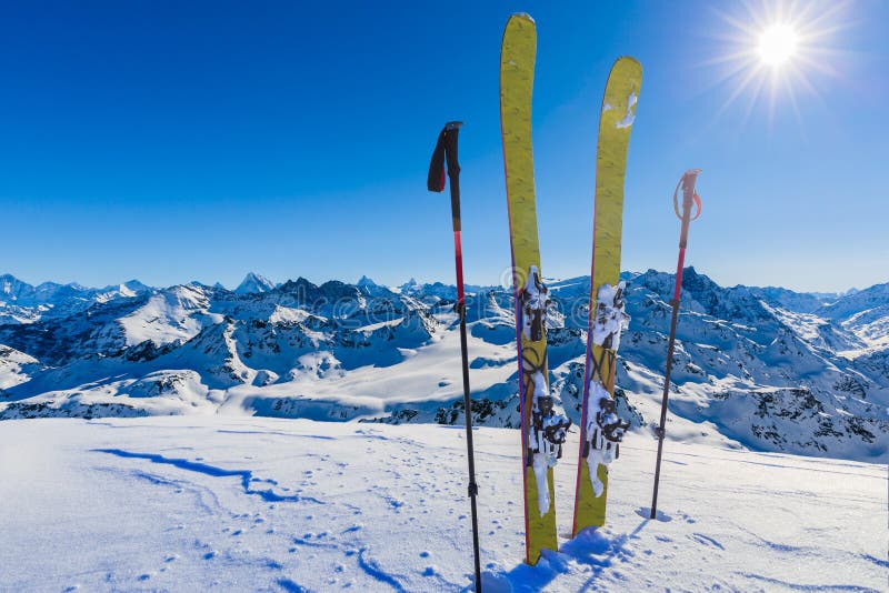Skiing with amazing view of swiss famous mountains in beautiful winter snow Mt Fort. The matterhorn and the Dent d`Herens. In th royalty free stock photos Skiing with amazing view of swiss famous mountains in beautiful winter snow Mt Fort. The matterhorn and the Dent d`Herens. In th royalty free stock photos