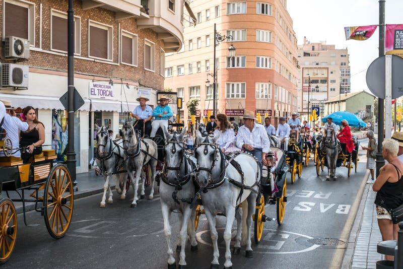 Skickliga ryttare och vagnar på Feria de Malaga arkivbilder Skickliga ryttare och vagnar på Feria de Malaga arkivbilder