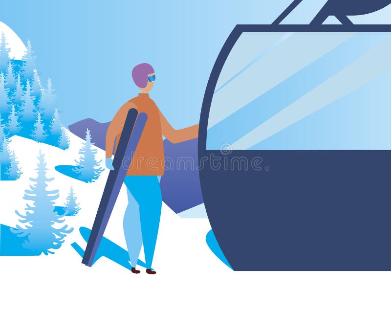 Skier and Ski Lift at Ski Resort, Flat Vector Stock Illustration As ...