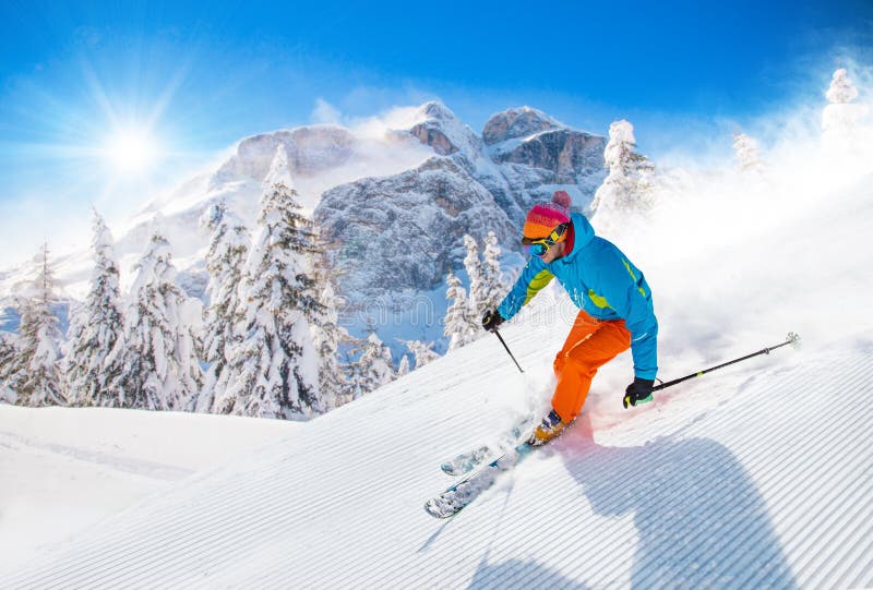 Skier Skiing Downhill in High Mountains Stock Photo - Image of freedom ...