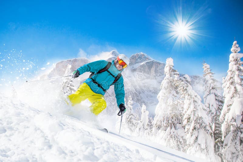 Skier Skiing Downhill in High Mountains Editorial Stock Photo - Image ...