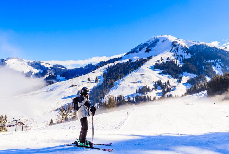 Skier on the Slopes of the Ski Resort Soll, Tyrol Editorial Stock Photo