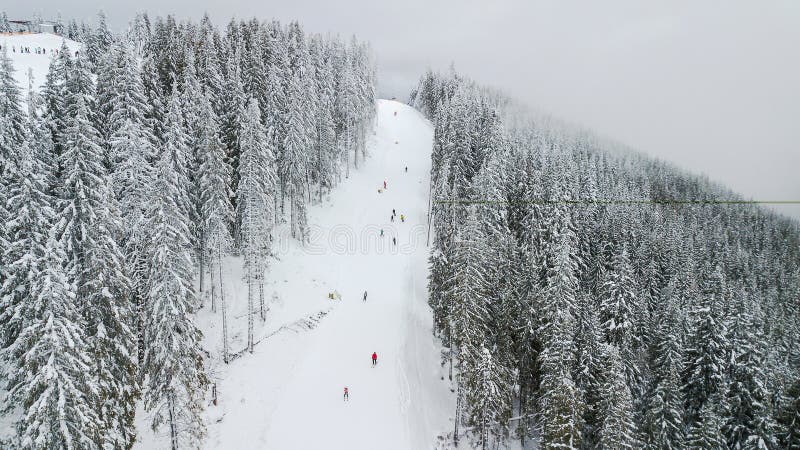 Skiers and snowboarders go down the slope in a ski resort Bukovel, Ukraine stock photography Skiers and snowboarders go down the slope in a ski resort Bukovel, Ukraine stock photography