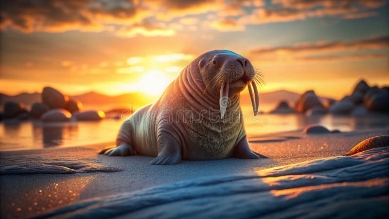 Skiftade Walrus Beach vid Sunset A Miniature Masterbit of TiltShift Photography stock illustrationer