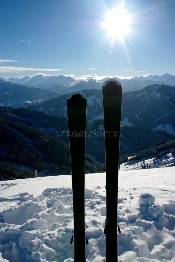 Skiing in winter wonderland in the Alps