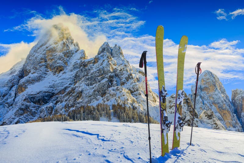 Skiing with amazing panorama of Pale di Sant Martino di Castrozza. stock image Skiing with amazing panorama of Pale di Sant Martino di Castrozza. stock image