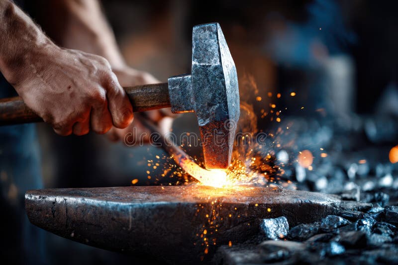 Blacksmith forging a glowing piece of metal in a workshop during the daytime stock photos