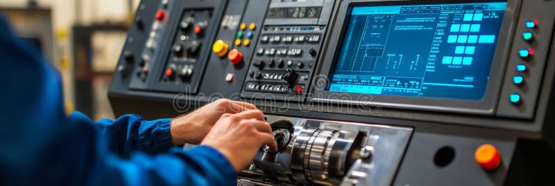Skilled CNC Operator Adjusting Controls, Precision Machining in Action, Industrial Workshop Setting stock illustration