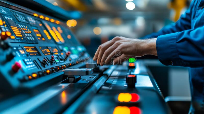 Skilled CNC Operator at Control Panel, Overseeing Precision Machining in Modern Factory Setting stock illustration