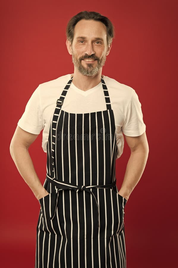 Skilled And Confident Senior Cook Wearing Bib Apron Bearded Mature Man In Striped Apron Stock 