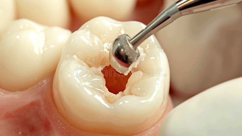 Dentist placing dental amalgam filling into prepared tooth cavity vector illustration