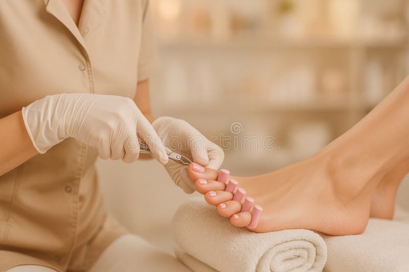 A skilled nail technician carefully shapes and trims a clients toenails while the client relaxes. The serene atmosphere enhances the pampering experience during the treatment. AI Generative. Pampering experience stock images, royalty-free photos and pictures