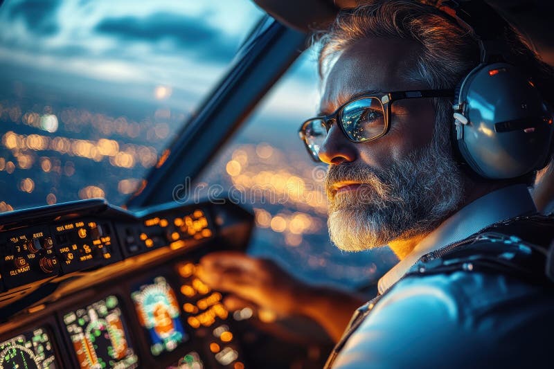 Experienced pilot navigating aircraft during twilight hours over a vibrant city skyline filled with lights and royalty free stock photo