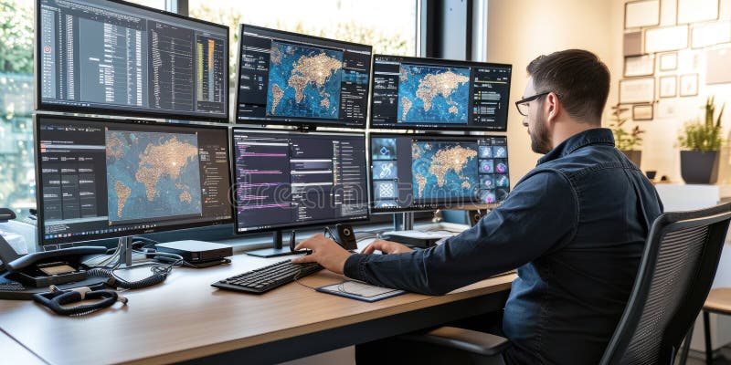 Skilled programmer coding engineering code while sitting at computer. AIG42. stock image