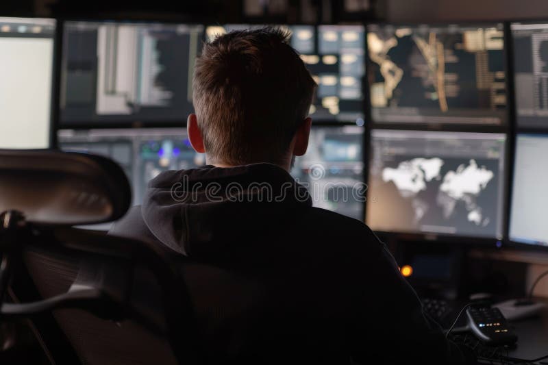 Skilled programmer coding engineering code while sitting at computer. AIG42. vector illustration