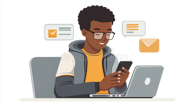 Skilled Student Reading Text From Friend On Smartphone In Stylish Coworking Space royalty free stock photos