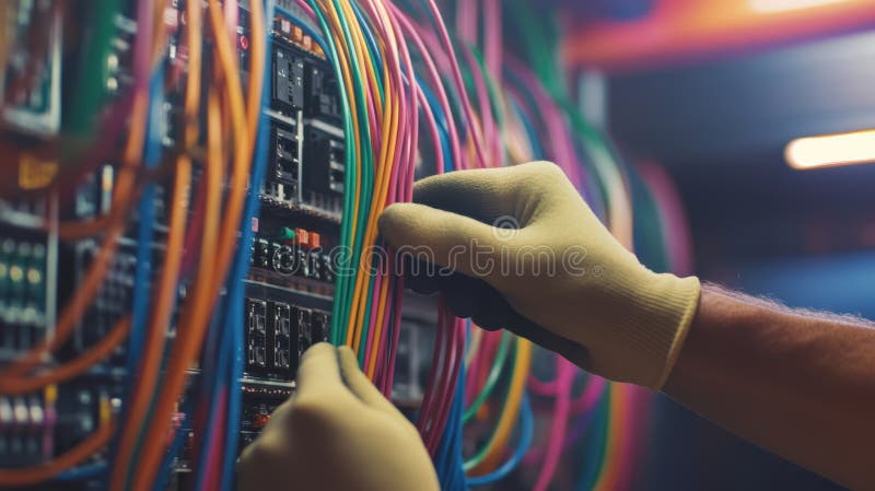 Skilled technician with gloves managing colorful network cables in a data center server room for efficient and secure royalty free stock image