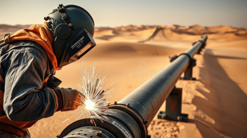 Skilled Welder Working on Desert Pipeline with Sparks Flying Amid Scenic Landscape royalty free stock photos