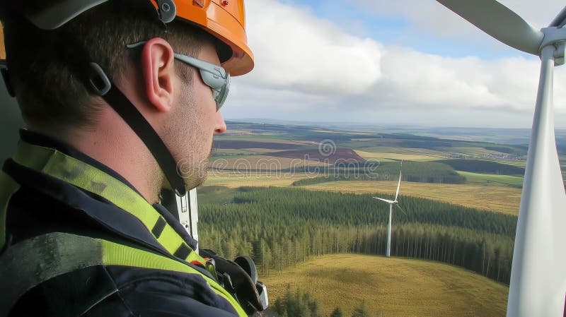 Skilled Wind Power Engineer Working on Top of a Towering Windmill stock illustration