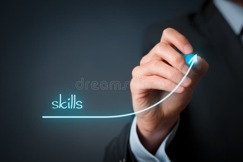 Skills improvement concept. Businessman draw rising curve of skills.