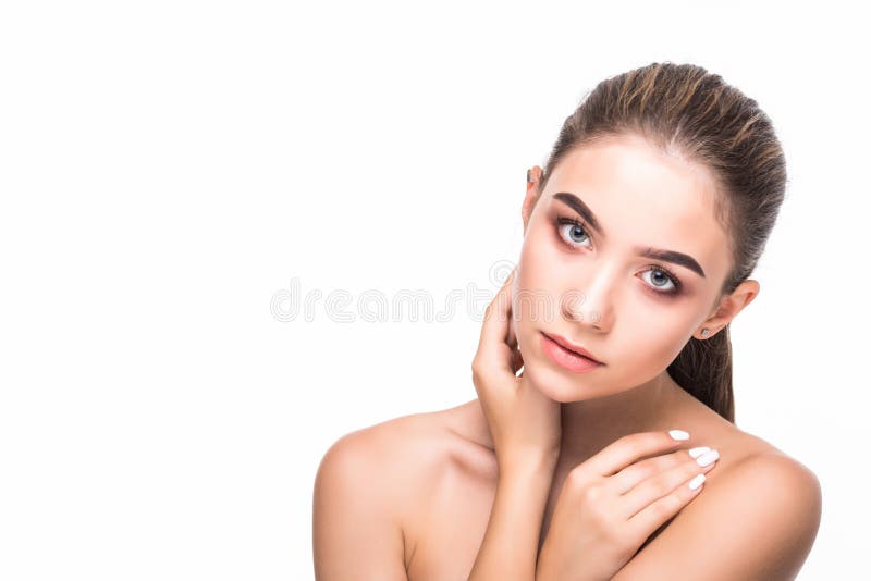 Skin care concept. Beauty and spa for body and face. Beautiful smiling tender young woman with fresh clean skin on white backgroung. Woman health life