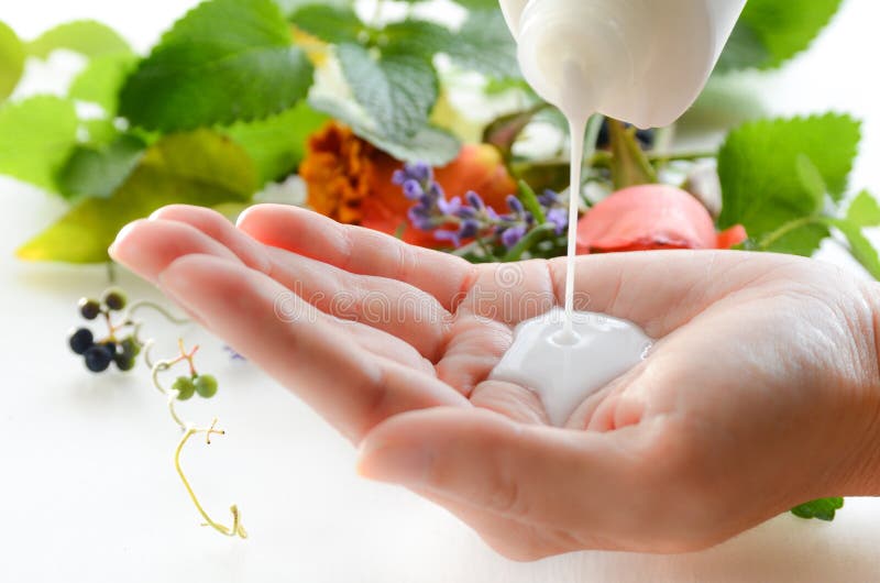 Skin care with herbs and moisturizer cream stock images Skin care with herbs and moisturizer cream stock images