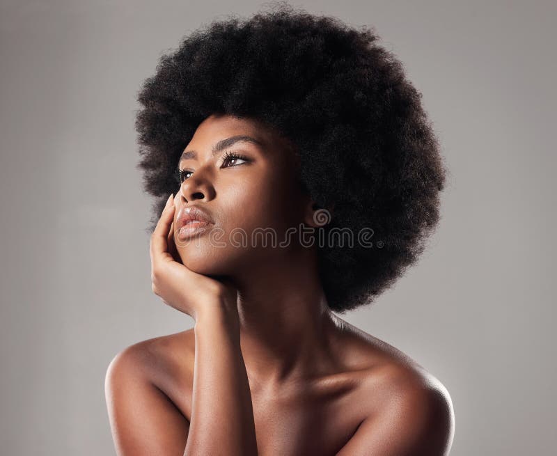 Skin, face and natural beauty, black woman thinking, cosmetics and glow isolated on studio background. Skincare