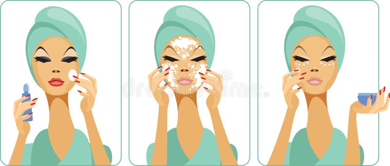 Woman removing make-up, cleansing face and applying face foundation. Woman removing make-up, cleansing face and applying face foundation