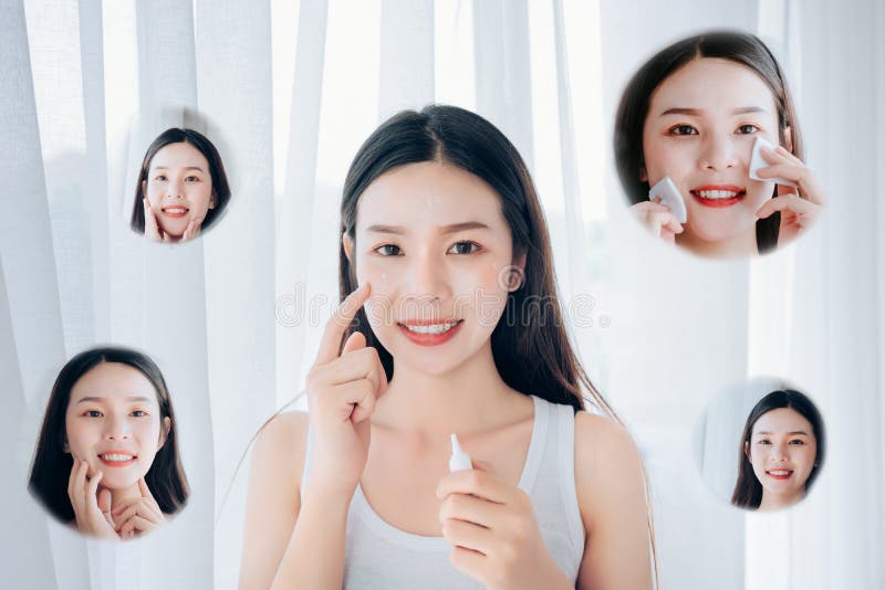 Skincare asiático do gel da acne do uso da mulher da beleza após a limpeza fotos de stock Skincare asiático do gel da acne do uso da mulher da beleza após a limpeza fotos de stock