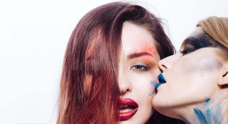 Skincare concept. Woman kiss girlfriend with makeup lips, skincare. Skincare and skin treatment. Skincare cosmetics and stock photos Skincare concept. Woman kiss girlfriend with makeup lips, skincare. Skincare and skin treatment. Skincare cosmetics and stock photos