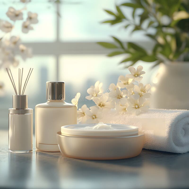 Skincare di lusso con creme e asciugamani in luce naturale morbida. Elegante concetto di benessere e bellezza per rilassamento e illustrazione di stock