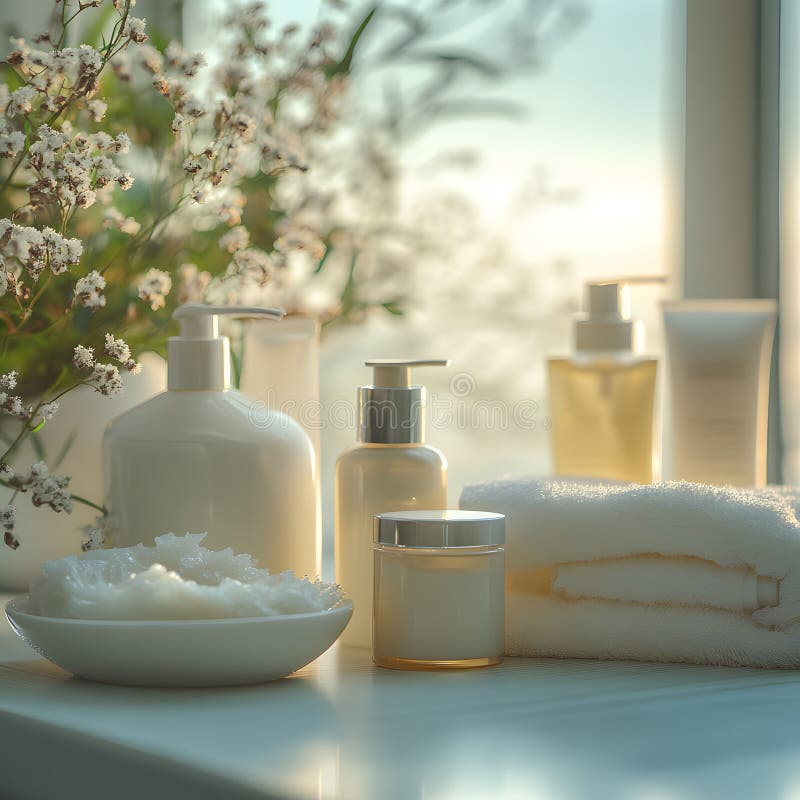Skincare di lusso con creme e asciugamani in luce naturale morbida royalty illustrazione gratis