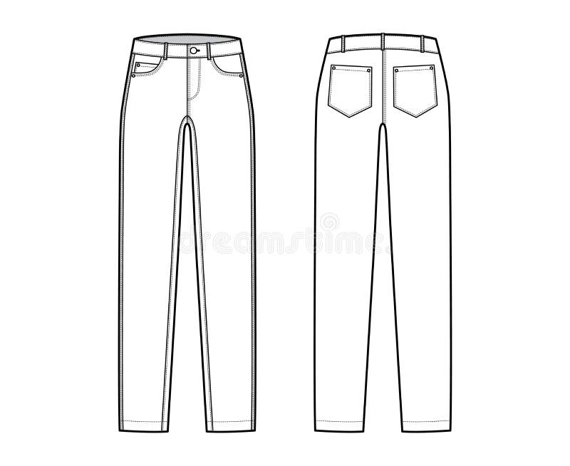 Jeans Denim Pants Technical Fashion Illustration with Full Length, Low ...