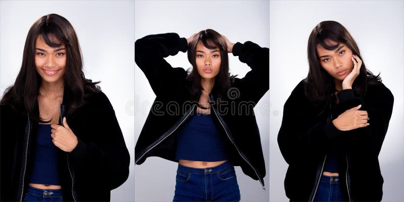 Skinny tanned skin Asian Woman black hair wear fur royalty free stock images Skinny tanned skin Asian Woman black hair wear fur royalty free stock images