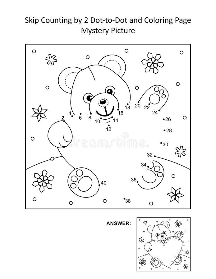 Skip counting by 2 dot-to-dot and coloring page - teddy bear and big heart. Answer included.