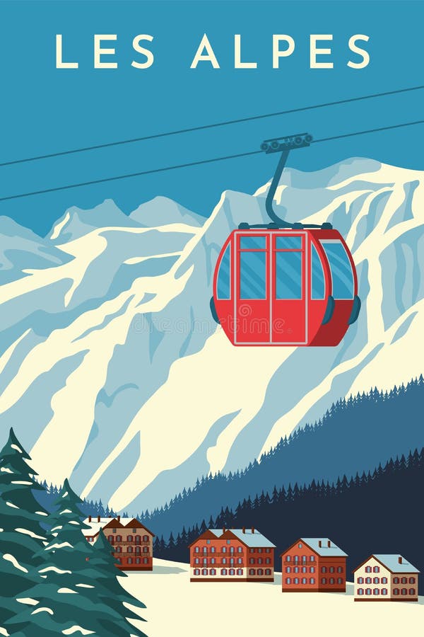 Skiresort mit schneebedeckter Landschaft des Roten Gondelbahngebirgschalet-Winters. Alpen Reisen Plakatweinlesefahne Retro-. flach stock abbildung
